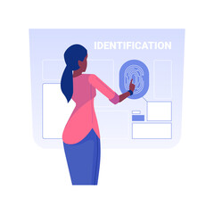 Poster - Biometric identification isolated concept vector illustration. Brick and mortar bank client scans his fingerprint, modern biometric identification, business security vector concept.