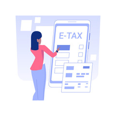 Poster - Tax filing app isolated concept vector illustration. Businessman with smartphone using tax filling application, professional accountant manager, financial report, banking data vector concept.