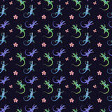 Fototapeta Dinusie - Seamless vector pattern of lizards and flowers. Background for greeting card, website, printing on fabric, gift wrap, postcard and wallpapers. 