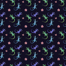 Seamless Vector Pattern Of Lizards And Flowers. Background For Greeting Card, Website, Printing On Fabric, Gift Wrap, Postcard And Wallpapers. 