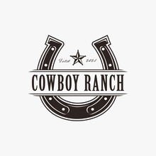 Vintage Western Stamp Label Horseshoe Cowboy Ranch Logo Vector On White Background