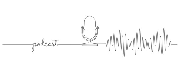 Aufkleber - Continuous one line drawing of podcast microphone and sound wave. Vintage old mike in simple linear style for banner music, webinar, online training. Editable stroke. Doodle vector illustration