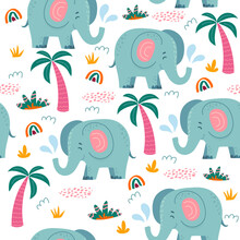 Seamless Pattern With African Elephants And Plants In A Childish Cartoon Style. Vector Illustration. For Children's Textiles And Decoration