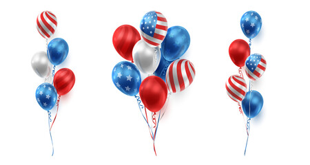 Set of bouquets of realistic balloons in American, USA color and ribbons. Vector illustration for card, party, design, flyer, poster, banner, web, advertising.