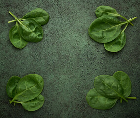 Fresh spinach leaves on green textured background, flat lay