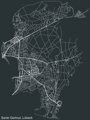 Detailed negative navigation white lines urban street roads map of the ST. GERTRUD DISTRICT of the German regional capital city of Lübeck, Germany on dark gray background