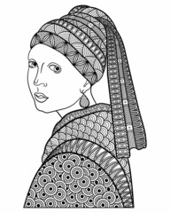 Wall Mural - Zentangle reproduction girl with pearl earring Jan Vermeer 1665. Vector ornamental and decorative template illustration for printing on postcards, t-shirts, bags, cups, clothing, Wallpaper, posters, c