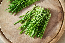 Fresh Young Green Barley Grass Blades On A Table