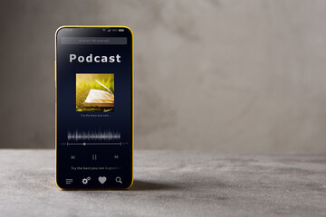 Streaming service. Listen podcast online concept, online music player app on smartphone
