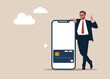 © Vadym - Business App. Cheerful American Businessman Standing Near Big Blank Smartphone And Showing Thumb Up, Happy Male In Suit Demonstrating Copy Space For Online Advertisement, Mockup.