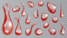 Set Of Realistic Translucent Water Drops In Red Colors In Various Shape And Size, Isolated On Transparent Background. Transparency Only In Vector Format