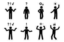 Stick Figure Man Problem Solution Concept Vector Illustration Set. Creative Idea Insight Icon Pictogram White Background