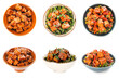 Set of bowls with spicy tofu cheese on white background