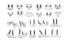 Vector Vintage 50s Cartoon And Comic Happy Facial Expressions. Feet In Shoes And Walking Leg Poses Set. Retro Quirky Characters Smile Emoji Set. Cute Avatars With Big Eyes, Cheeks And Mouth	
