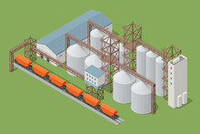 Isometric Grain Elevator Silos. Freight Train Being Loaded With Grain For Transport. Transrportation Of Agricultural Products.