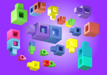 Poster - Kids brick. Rainbow background. Multicolored children's toy constructor. Concept of educational toys for children. Colorful toy constructor elements on purple. Visualization plastic blocks. 3d image.