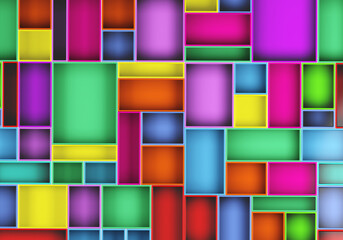 Poster - Colorful background. Three-dimensional cells of different sizes. Rainbow background from cubes. Children background from geometric shapes. Children voluminous decorations. 3d rendering.