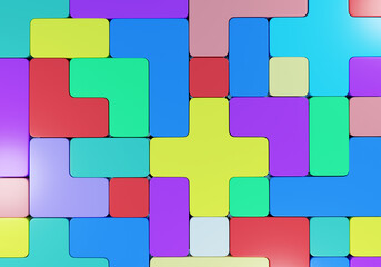 Poster - Colored wallpaper. Children's geometric wallpaper. Multi-colored cubes are located nearby. Tetris cubes of different colors. Tetris scenery for kids. Colorful wallpaper. 3d rendering.