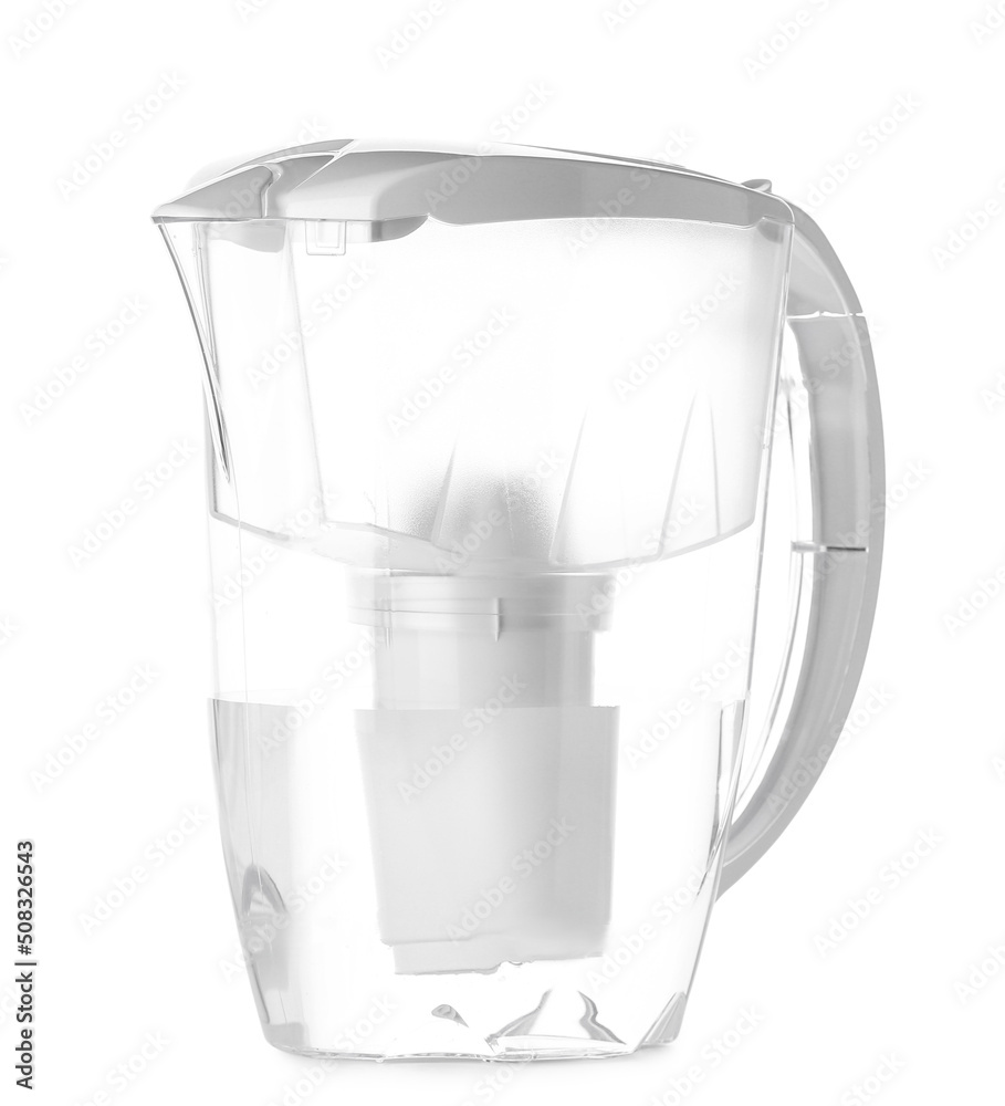 Modern water filter jug on white background