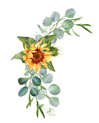 Wall Mural - Sunflower and eucalyptus leaves bouquet. Watercolor floral illustration. Yellow flowers for rustic wedding design, thanksgiving decoration, fabric, greeting cards, ets. Isolated on white background