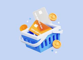 Wall Mural - 3D Shopping basket with credit card and floating coin. Online payment concept. Shopping and purchase. Business commerce. Cart for products. Cartoon design isolated on blue background. 3D Rendering