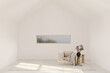 Empty scandinavian room in  house with a triangular roof. Beige soft chair with plaid, coffe table with decor. tWhite walls Light and shadow on the floor. 3D rendering illustration mock up.
