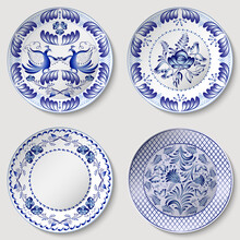 Set Of Porcelain Plates. Blue Pattern On White In Oriental Asian Style. Cobalt Painting Style On Ceramic. Floral Ornament With Chinese Design Motifs. Decorative Dish Isolated.