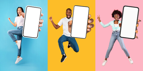 Poster - Excited multinational millennials jumping with cell phones, mockup