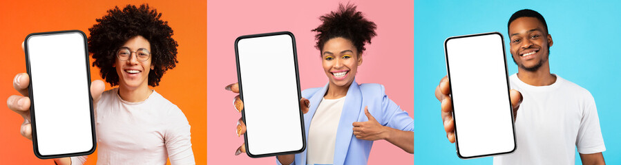 Poster - Cheerful african american millennials with smartphones, set of photos