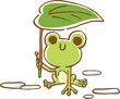 葉っぱの傘をさしているかわいい蛙のイメージイラスト
