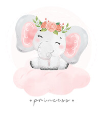 Cute Baby Pink Elephant Sitting On Soft Cloud Cartoon Watercolor Hand Drawn Illustration Vector