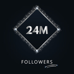 24M with silver glitter isolated on a navy-blue background. Greeting card template for social networks likes, subscribers, celebrating, friends, and followers. 24 million followers