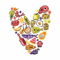 Vector collection of products, fruits and vegetables. Scandinavian style of hand-drawn food products.