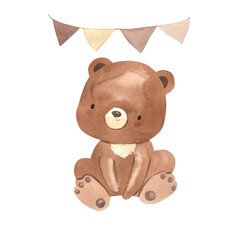 Watercolor bear and flags illustration for kids