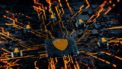 Security Technology Concept with shield symbol on a Microchip. Orange Neon Data flows between Users and the CPU across a Futuristic Motherboard. 3D render.