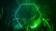 Cyberpunk Background Design. Tropical Leaves With Blue And Green, Hexagon Shaped Neon Frame.