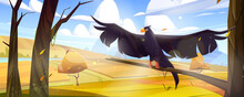 Autumn Landscape With Black Raven With Spread Wings, Agriculture Fields And River. Vector Cartoon Illustration Of Countryside With Lake, Farm Lands And Wild Crow On Tree Branch