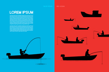 Vector illustration of Blue Ocean Strategy vs Red Blue Ocean Strategy with Lorem ipsum that easy to understand and easy to remember. Image of fisherman in red and blue area. For article, banner.