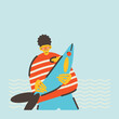 A young fisherman guy is holding a big fish in front of the sea. Stylish vector illustration, postcard, poster, print, design