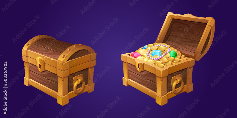 Stockvector Treasure chest with gold coins and gems. Vector cartoon ...
