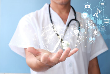 Poster - Concept of medical innovation technology. Using the simulator interface, check for heart disease and report test results.