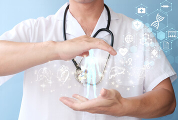 Poster - Doctor of medicine holds a hologram virtual interface electronic medical record. DNA. Digital healthcare network connection medical technology analysis, innovative and futuristic