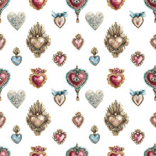 Watercolor Seamless Pattern With Vintage Hearts Of Gold, Precious Stones In Vintage Style. Vintage Background With Valentines Day And Other Romantic Events.