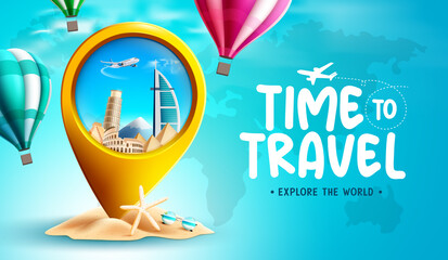 Travel time vector background design. Time to travel text with 3d gold pin icon and hot air balloon in globe element for international fun and enjoy travelling. Vector illustration.
