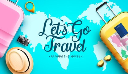 Wall Mural - travel international vector background design. let's go travel text with tourist elements of hat, lu