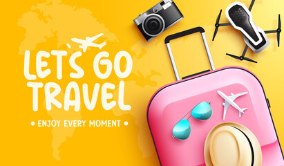 Wall Mural - travel vector background design. let's go travel text in yellow map with luggage, camera and drone t