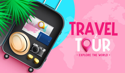 Wall Mural - travel vector background design. travel and tour text with passport, camera and map in luggage bag e
