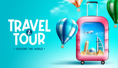 Wall Mural - travel vector background design. travel and tour text with worldwide tourist destination landmark in