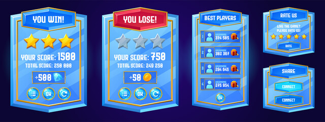 Poster - Game boards with win and lose banners, best players list, rate and share buttons. Vector cartoon set of blue glass gui elements, complete and failed level screens