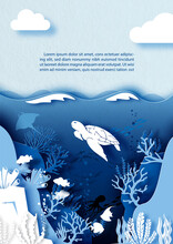 Card And Poster Scene Of Under The Sea And Ocean In Layers Paper Cut Style And Vector Design With White Sea Turtle And Clownfish, Example Texts.